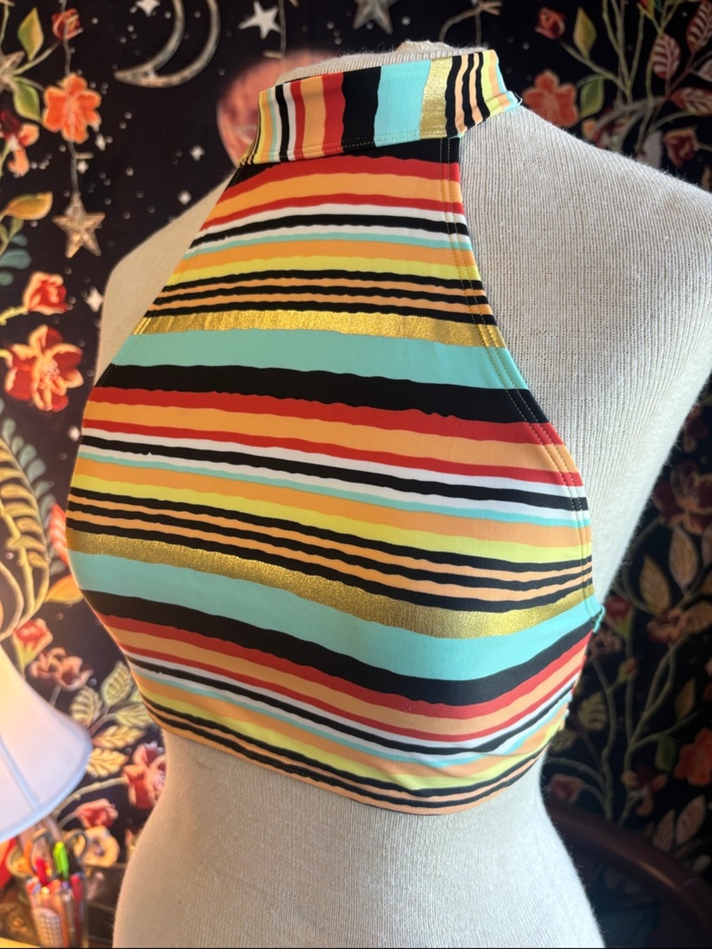 aerie High-Neck Striped Halter Cami in Mint, Coral, Black & Gold